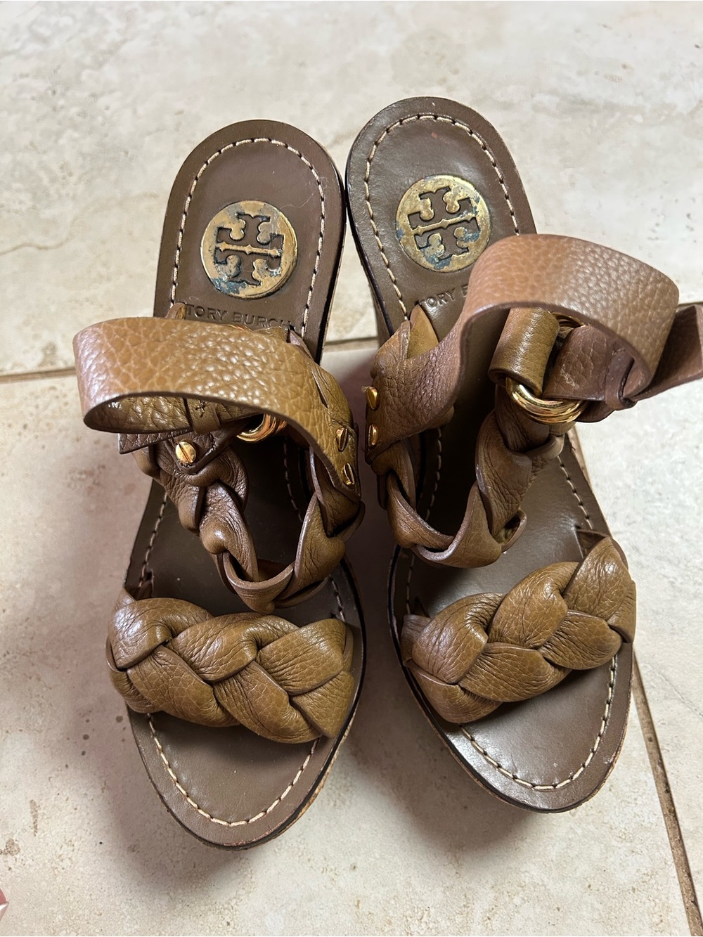 Tory Burch Tan Braided Leather Cork Wedge Sandals